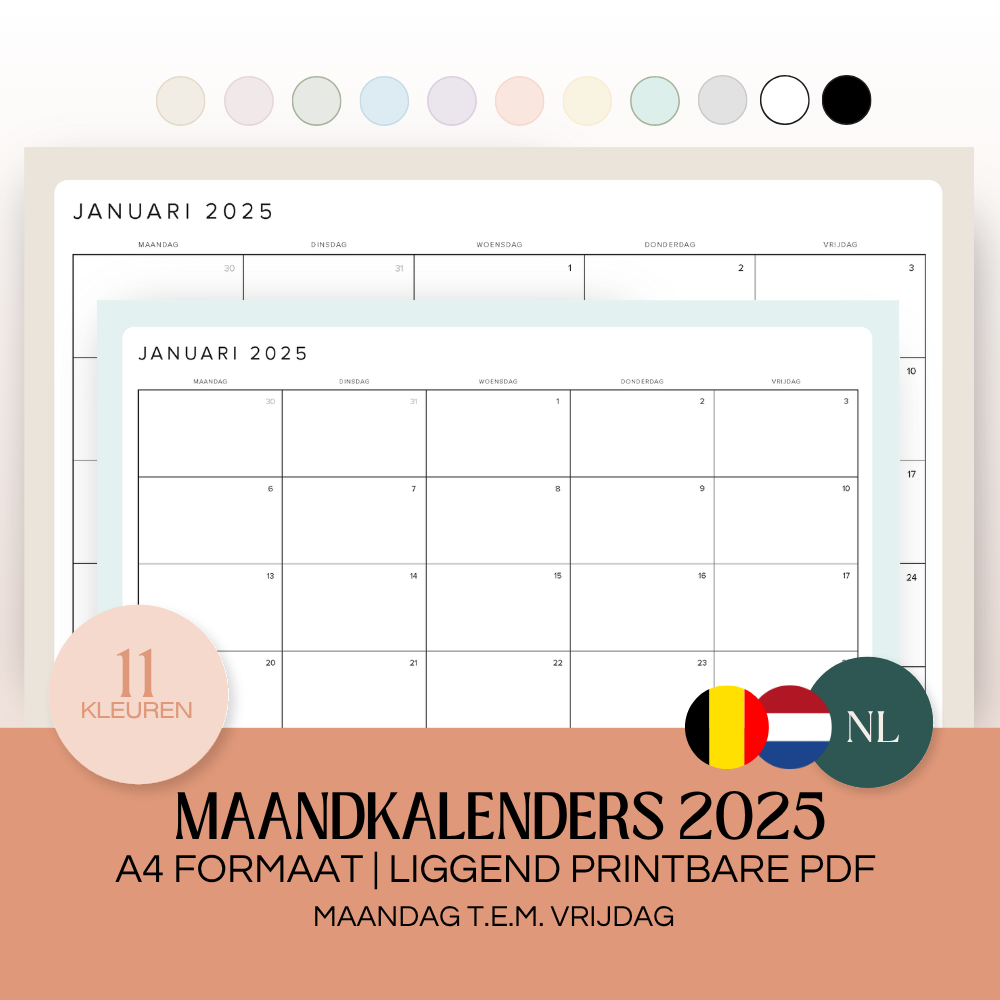 Maandkalenders Ma-Vr 2025 | A4 liggend printbare pdf