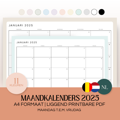Maandkalenders Ma-Vr 2025 | A4 liggend printbare pdf