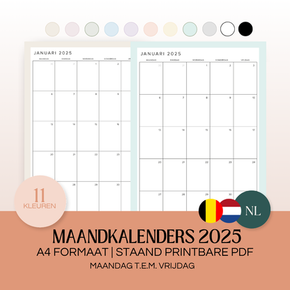 Maandkalenders Ma-Vr 2025 | A4 staand printbare pdf