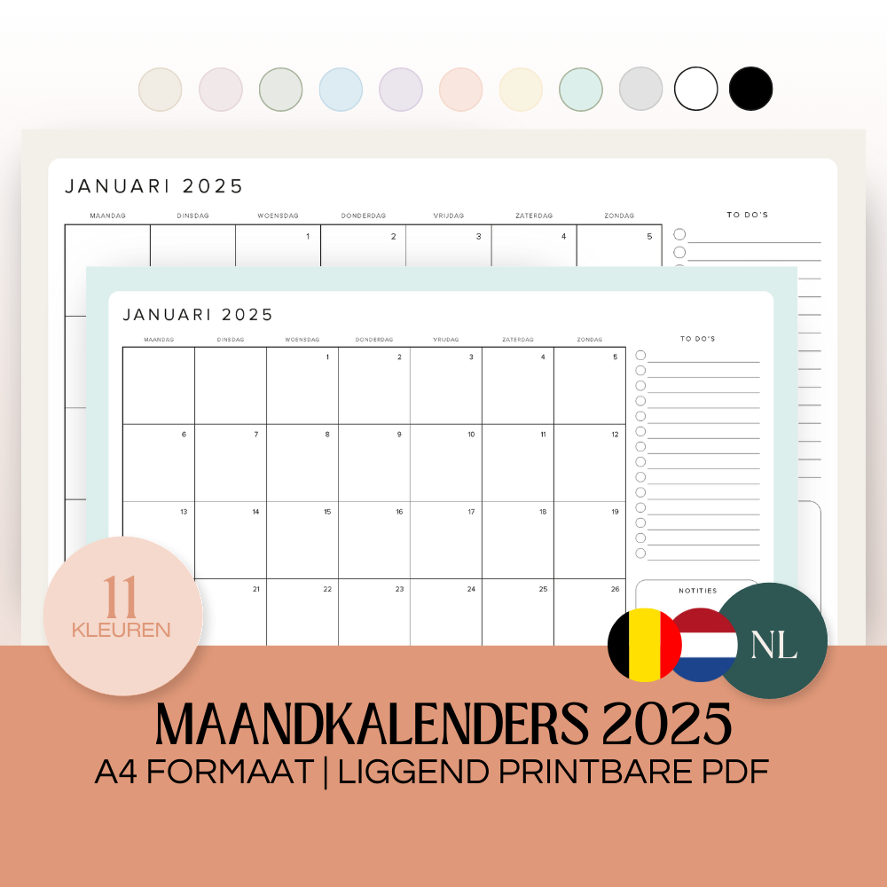 Maandkalenders 2025 | A4 liggend printbare pdf