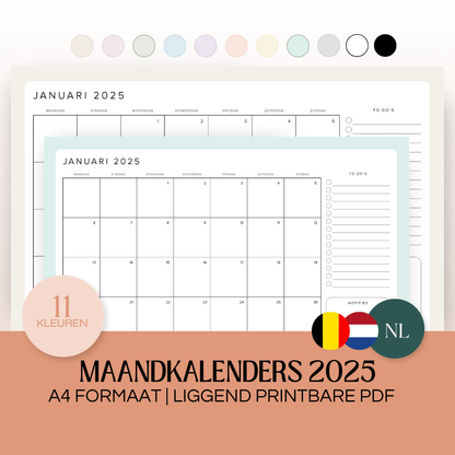 Maandkalenders 2025 | A4 liggend printbare pdf