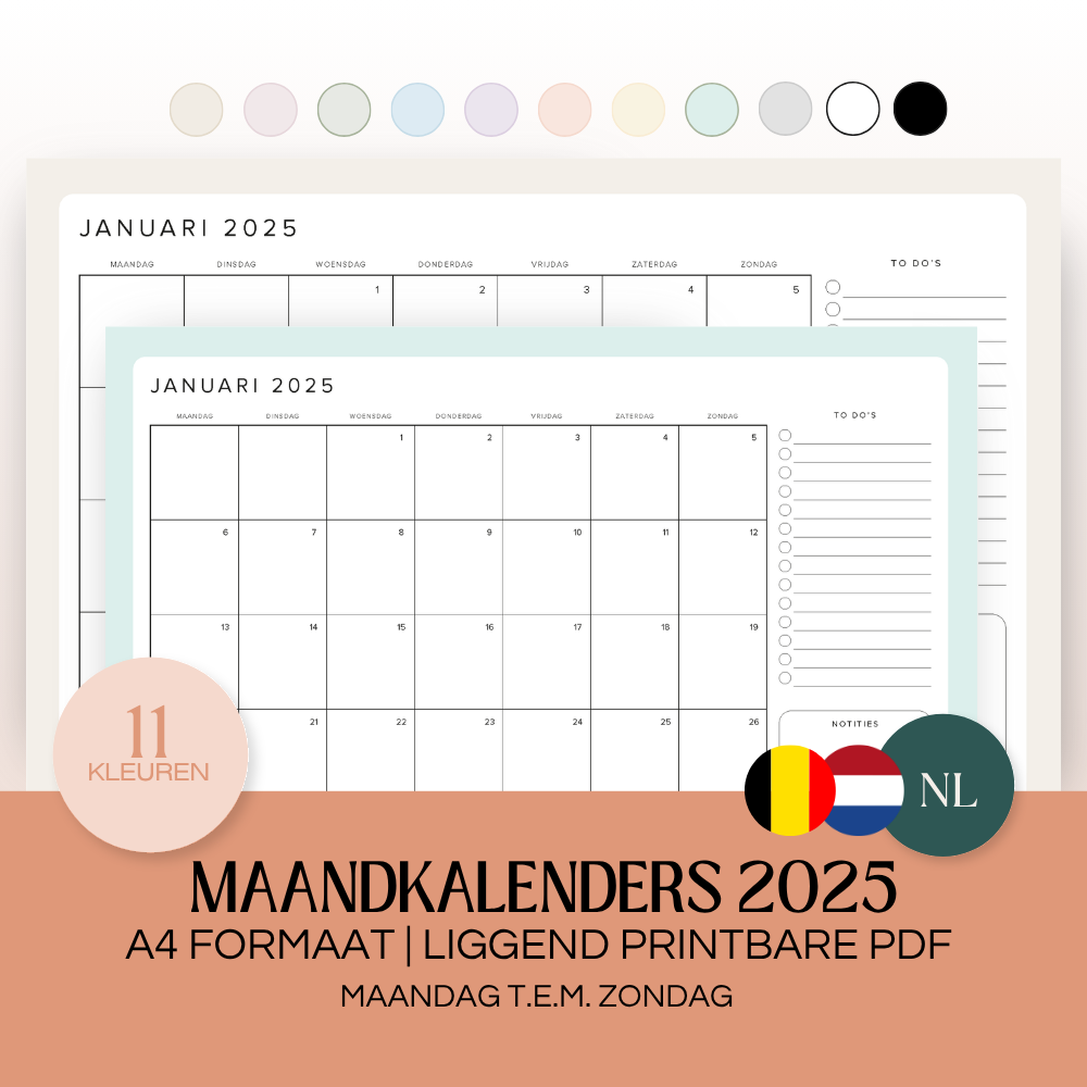 Maandkalenders Ma-Zo 2025 | A4 liggend printbare pdf