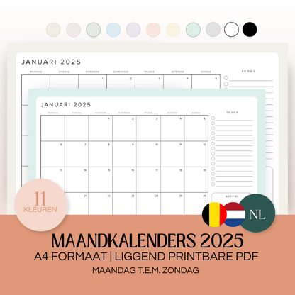 Maandkalenders Ma-Zo 2025 | A4 liggend printbare pdf