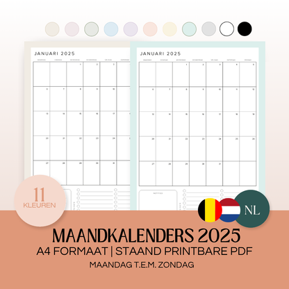 Maandkalenders Ma-Zo 2025 | A4 staand printbare pdf