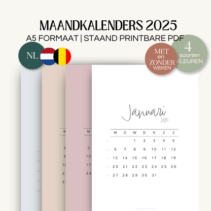 Maandkalenders 2025 | A5 printbare pdf