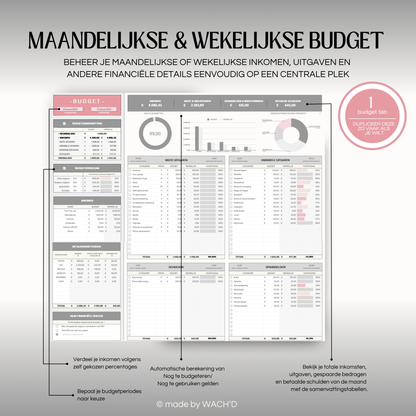 Eenvoudige Budgetplanner (1 tab) | Google Sheets | Grijs & Roze