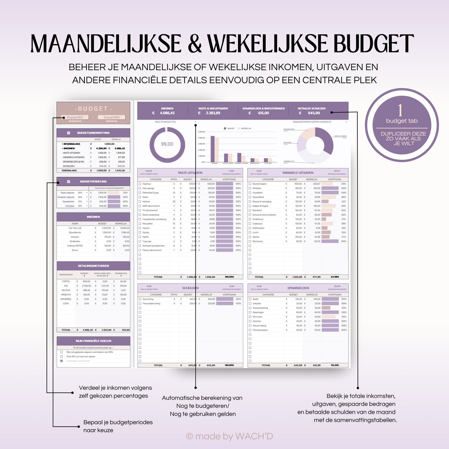 Eenvoudige Budgetplanner (1 tab) | Google Sheets | Paars & Roze Taupe