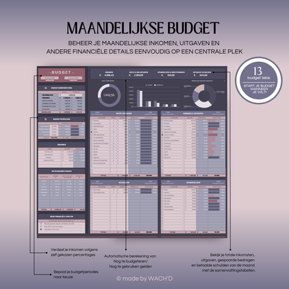 Eenvoudige Jaarlijkse Budgetplanner | Google Sheets | Paars & Roze (donkere modus)