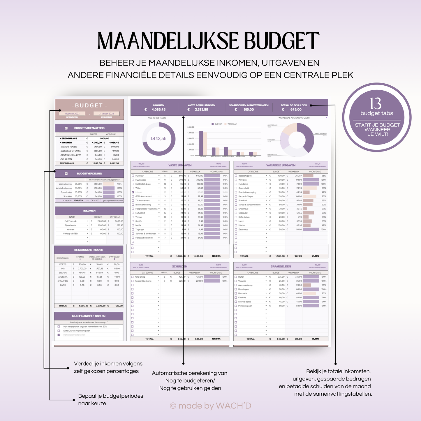 Eenvoudige Jaarlijkse Budgetplanner | Google Sheets | Paars & Roze Taupe