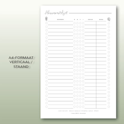 Abonnementlijst | A4 & A5 printbare pdf