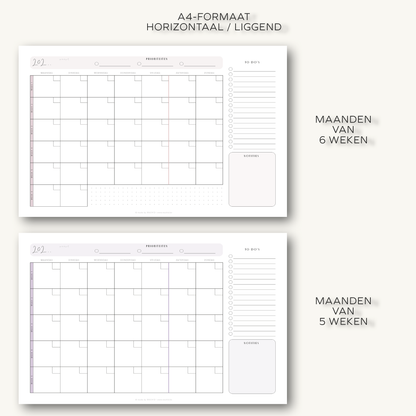 Maandplanner (ongedateerd) | A4 liggend printbare pdf