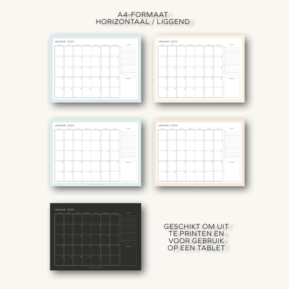 Maandkalenders 2025 | A4 liggend printbare pdf
