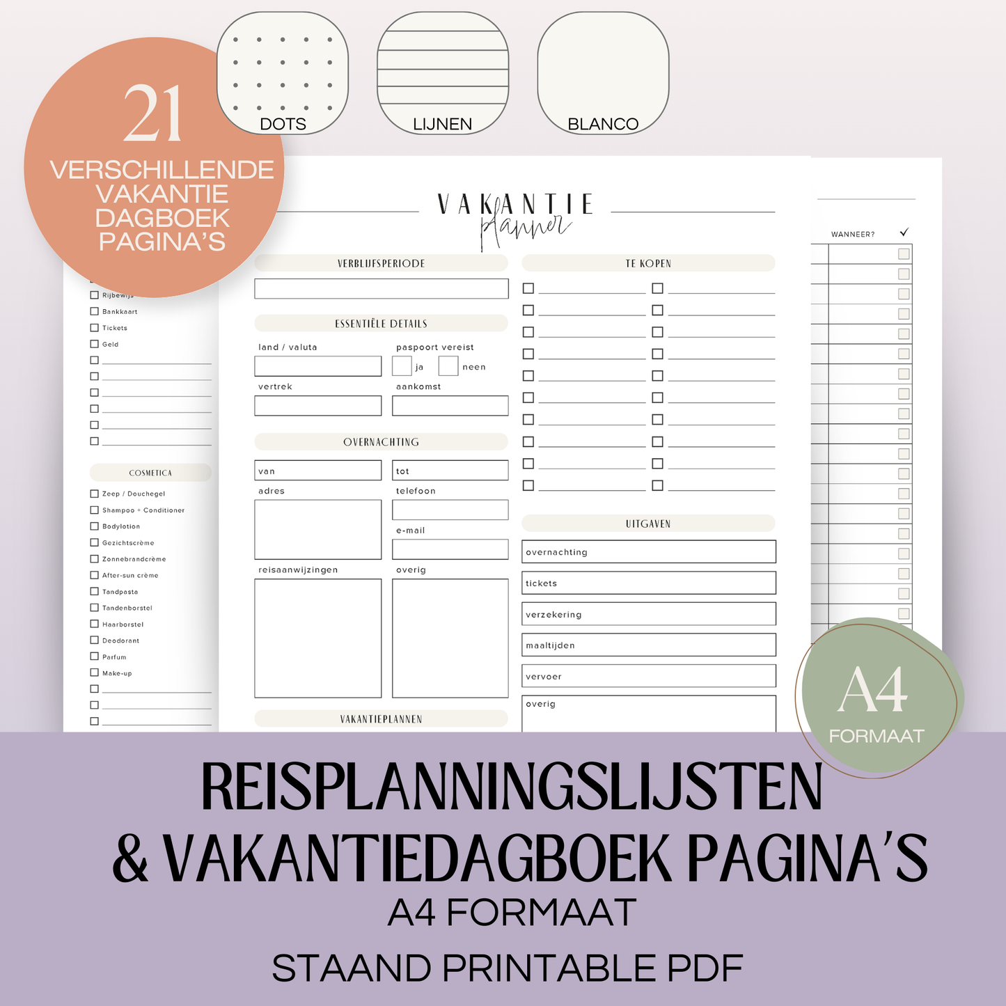 Reisplanningslijsten & vakantiedagboek | A4 printbare pdf