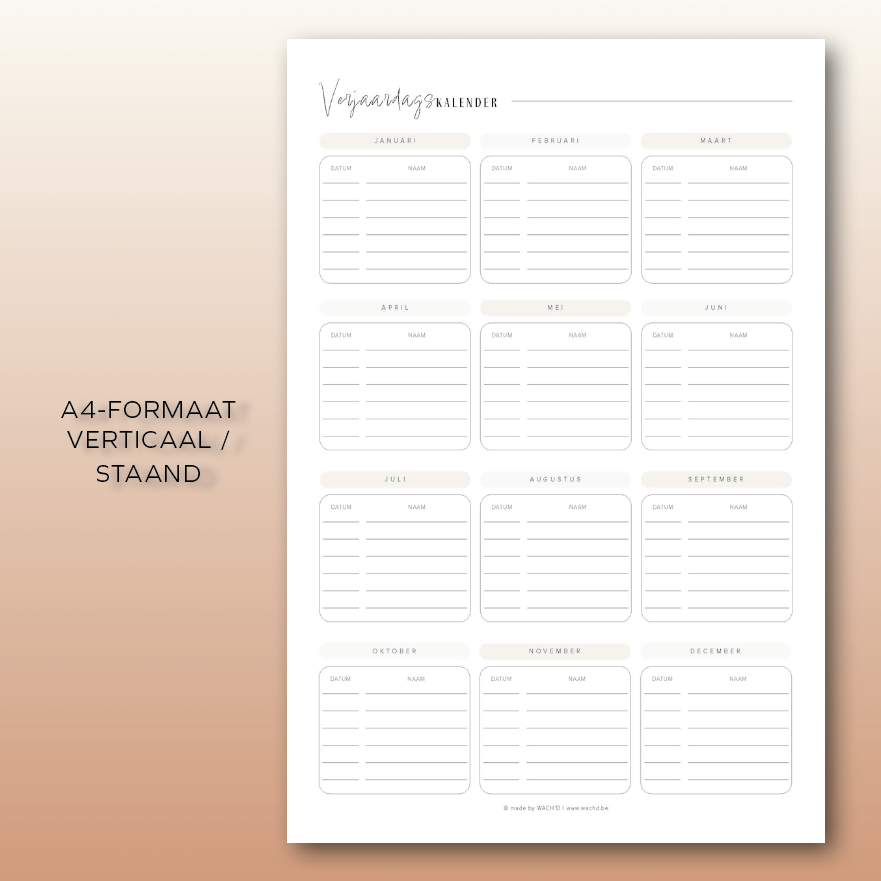 Verjaardagskalender | A4 & A5 printbare pdf