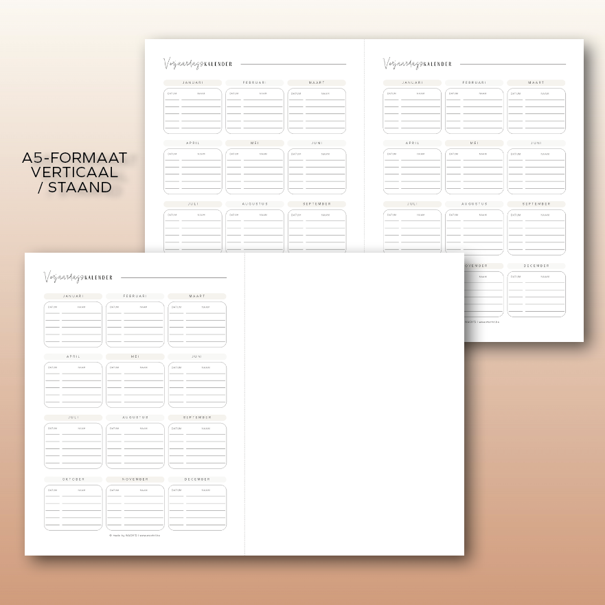 Verjaardagskalender | A4 & A5 printbare pdf