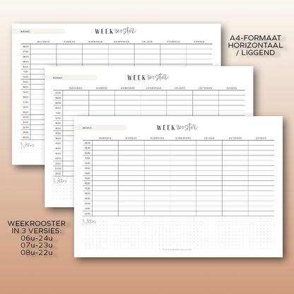 Weekrooster (ongedateerd) | A4 liggend printbare pdf