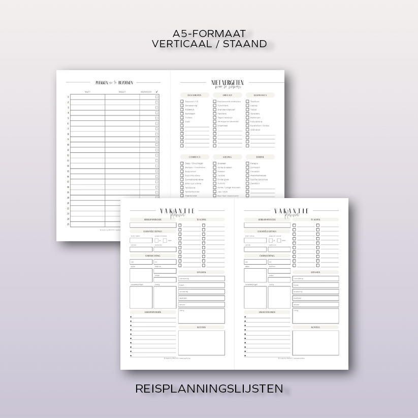 Reisplanningslijsten & vakantiedagboek | A5 printbare pdf