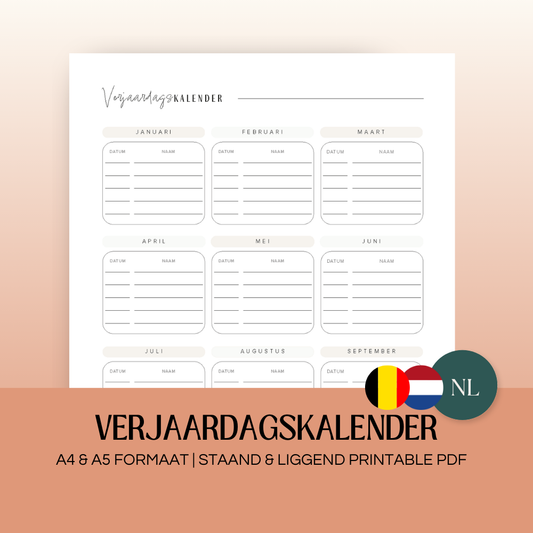 Verjaardagskalender | A4 & A5 printbare pdf