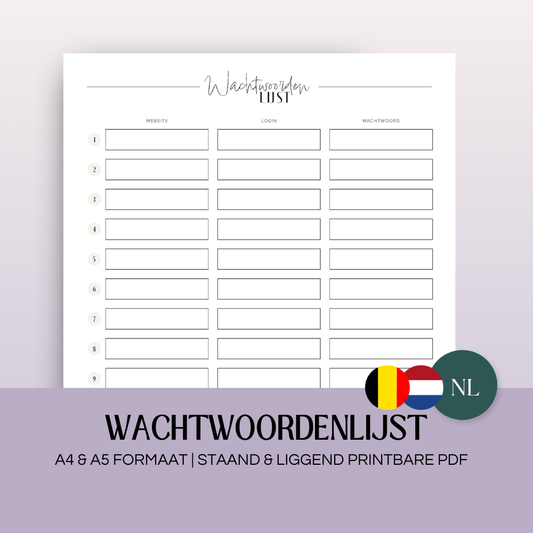 Wachtwoordenlijst | A4 & A5 printbare pdf