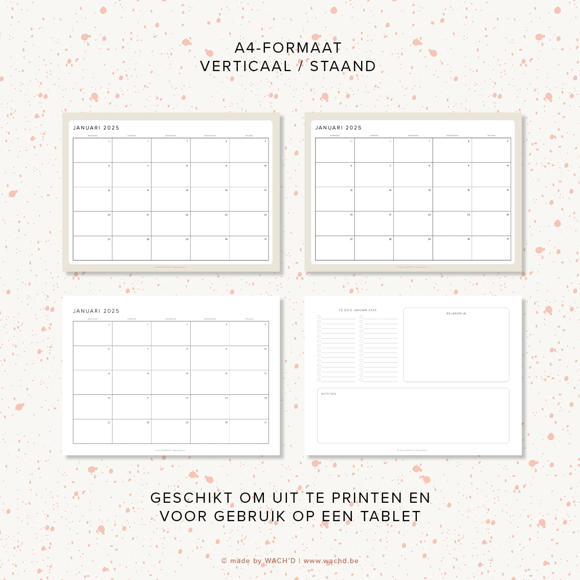 Maandkalenders Ma-Vr 2025 | A4 liggend printbare pdf
