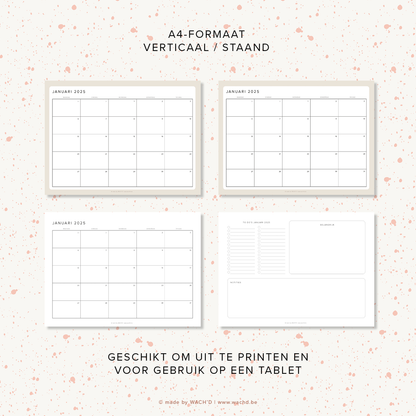 Maandkalenders Ma-Vr 2025 | A4 liggend printbare pdf