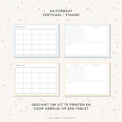 Maandkalenders Ma-Vr 2025 | A4 liggend printbare pdf