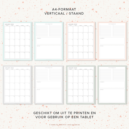 Maandkalenders Ma-Vr 2025 | A4 staand printbare pdf