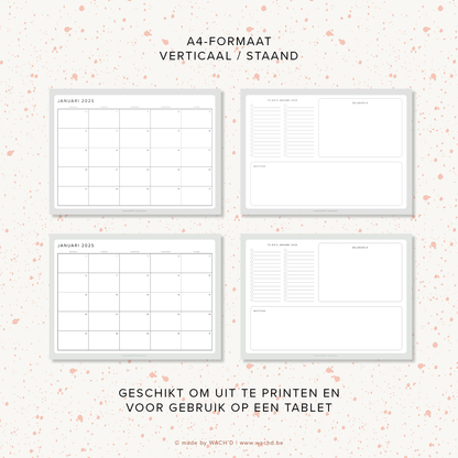 Maandkalenders Ma-Vr 2025 | A4 liggend printbare pdf