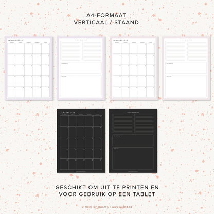 Maandkalenders Ma-Vr 2025 | A4 staand printbare pdf