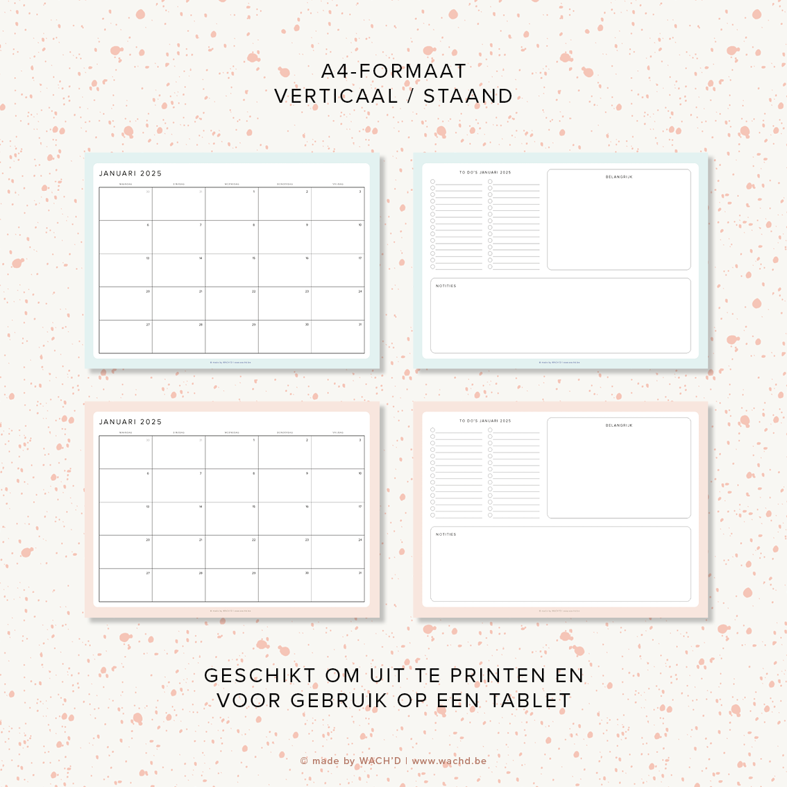 Maandkalenders Ma-Vr 2025 | A4 liggend printbare pdf