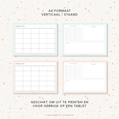 Maandkalenders Ma-Vr 2025 | A4 liggend printbare pdf