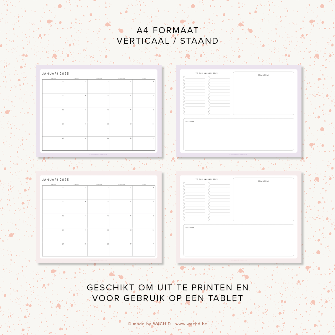 Maandkalenders Ma-Vr 2025 | A4 liggend printbare pdf