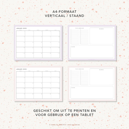 Maandkalenders Ma-Vr 2025 | A4 liggend printbare pdf