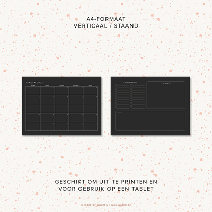 Maandkalenders Ma-Vr 2025 | A4 liggend printbare pdf