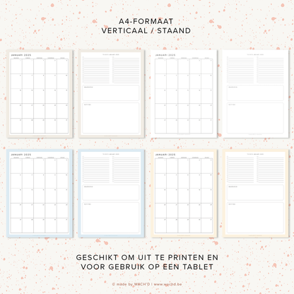 Maandkalenders Ma-Vr 2025 | A4 staand printbare pdf
