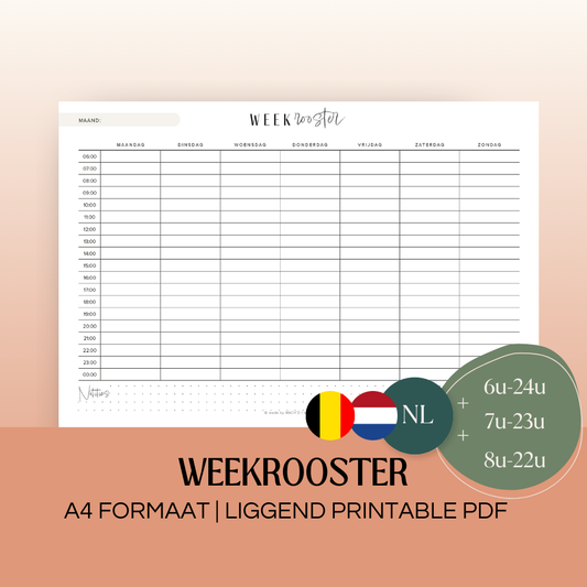 Weekrooster (ongedateerd) | A4 liggend printbare pdf