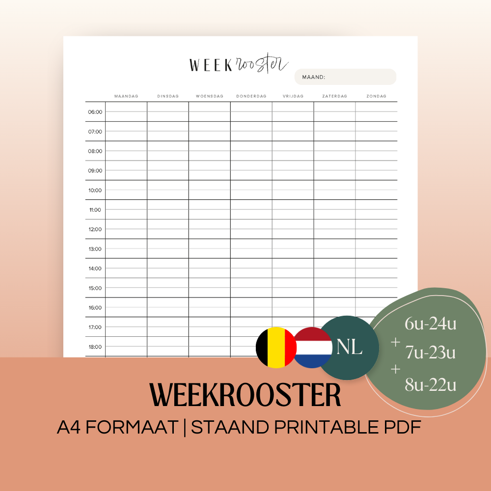 Weekrooster (ongedateerd) | A4 staand printbare pdf