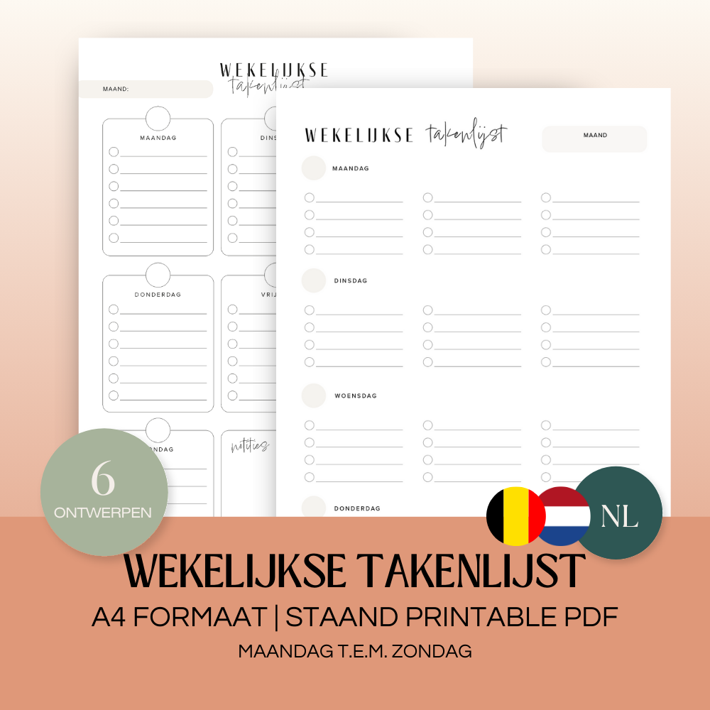 Wekelijkse takenlijst maandag-zondag (ongedateerd) | A4 staand printbare pdf