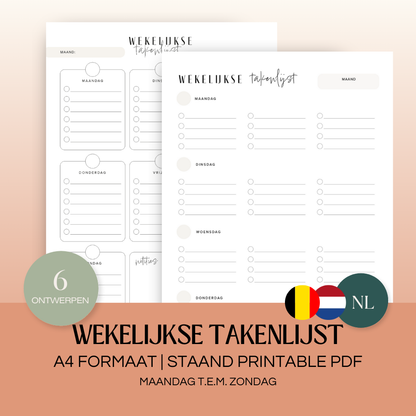 Wekelijkse takenlijst maandag-zondag (ongedateerd) | A4 staand printbare pdf