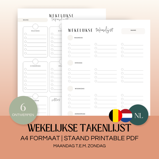 Wekelijkse takenlijst maandag-zondag (ongedateerd) | A4 staand printbare pdf