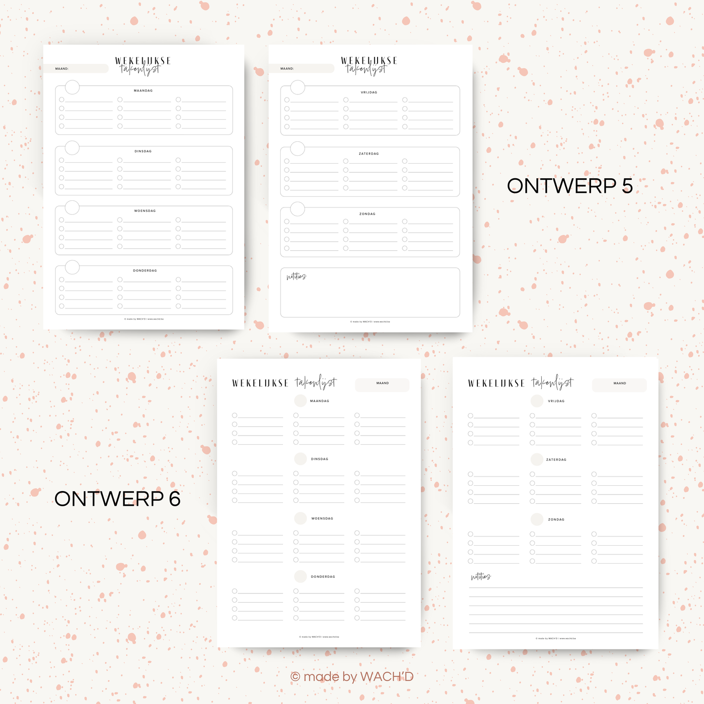 Wekelijkse takenlijst maandag-zondag (ongedateerd) | A4 staand printbare pdf