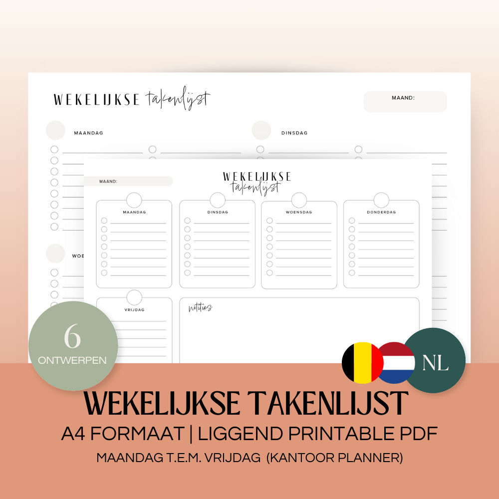 Wekelijkse takenlijst maandag-vrijdag (ongedateerd) | A4 liggend printbare pdf