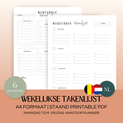 Wekelijkse takenlijst maandag-vrijdag (ongedateerd) | A4 staand printbare pdf