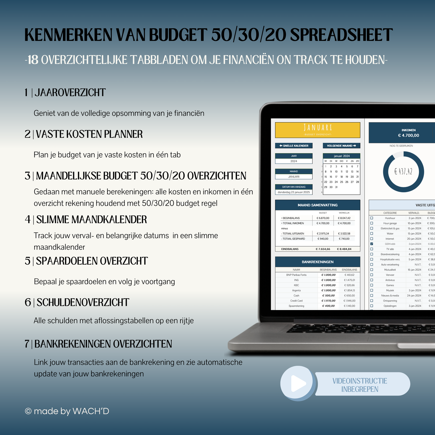 50/30/20 Ultieme Jaarlijkse Budgetplanner | Google Sheets | Blauw & Geel