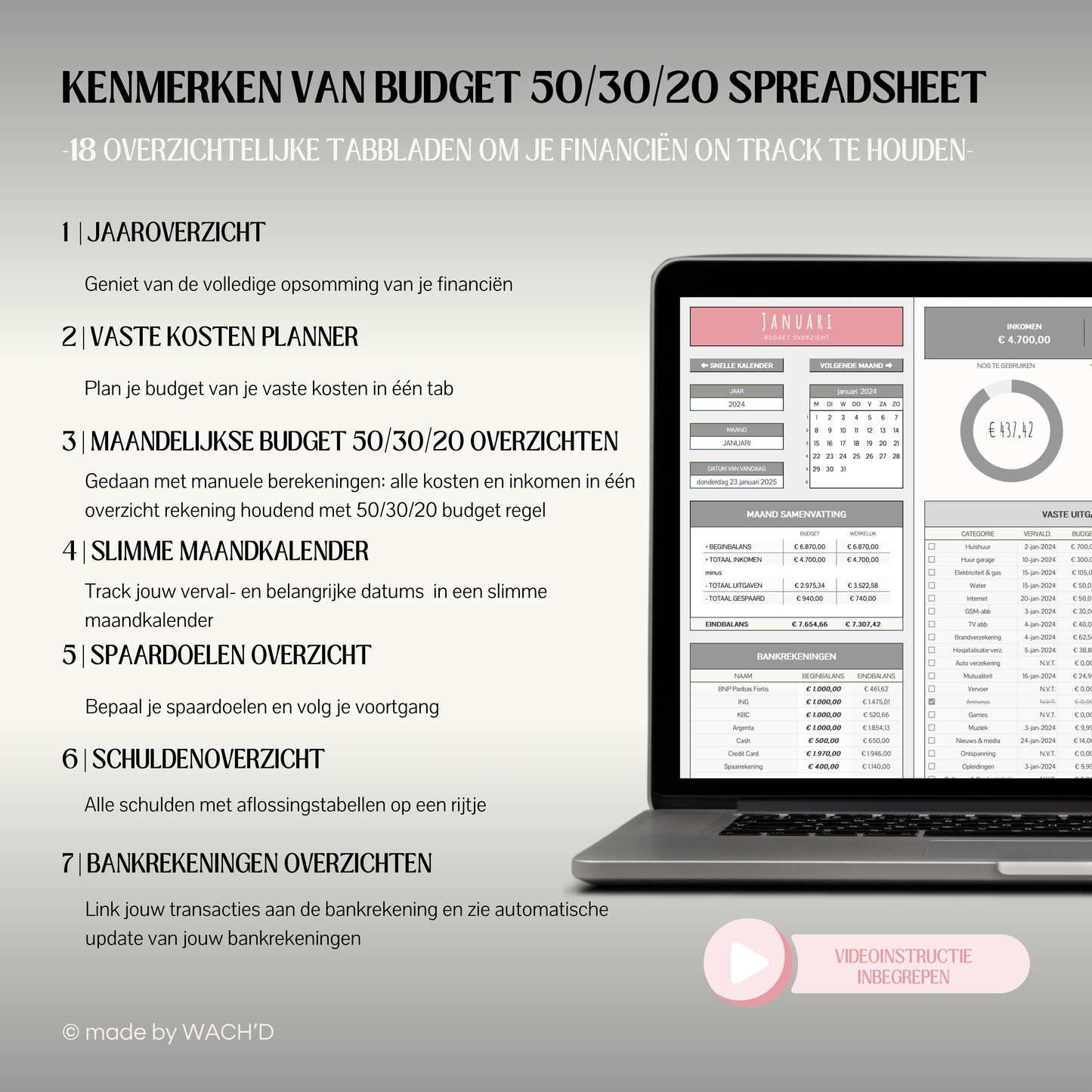 50/30/20 Ultieme Jaarlijkse Budgetplanner | Google Sheets | Grijs & Roze