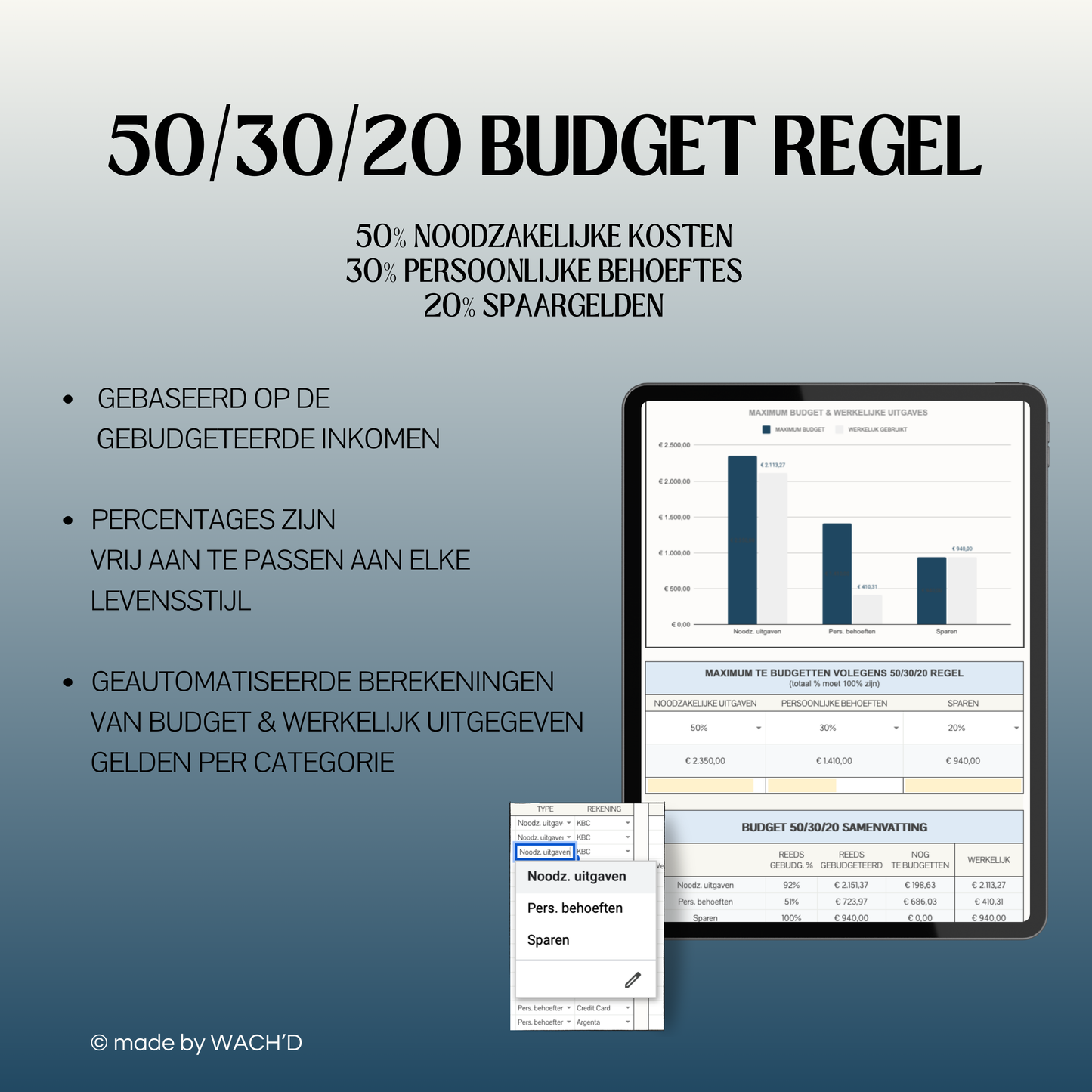 50/30/20 Ultieme Jaarlijkse Budgetplanner | Google Sheets | Blauw & Geel