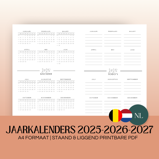 Jaarkalenders 2025 & 2026 & 2027 | A4 printbare pdf