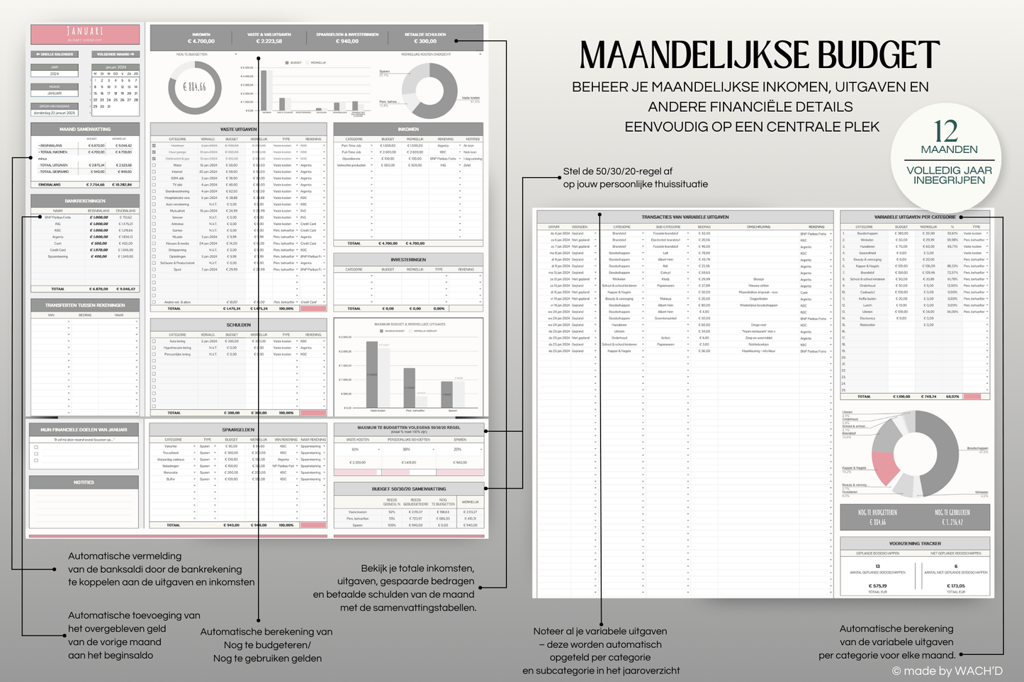 50/30/20 Ultieme Jaarlijkse Budgetplanner | Google Sheets | Grijs & Roze