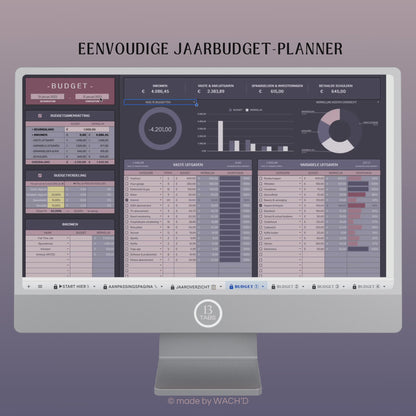 Eenvoudige Jaarlijkse Budgetplanner | Google Sheets | Paars & Roze (donkere modus)