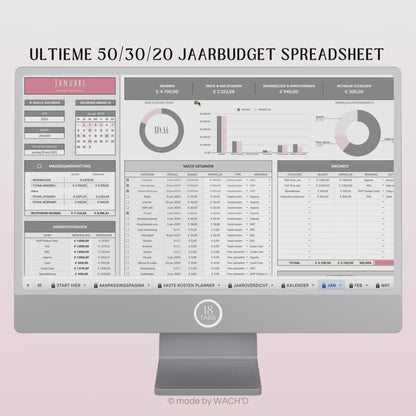 50/30/20 Ultieme Jaarlijkse Budgetplanner | Google Sheets | Nederlandse Budgetplanner | Grijs & Roze